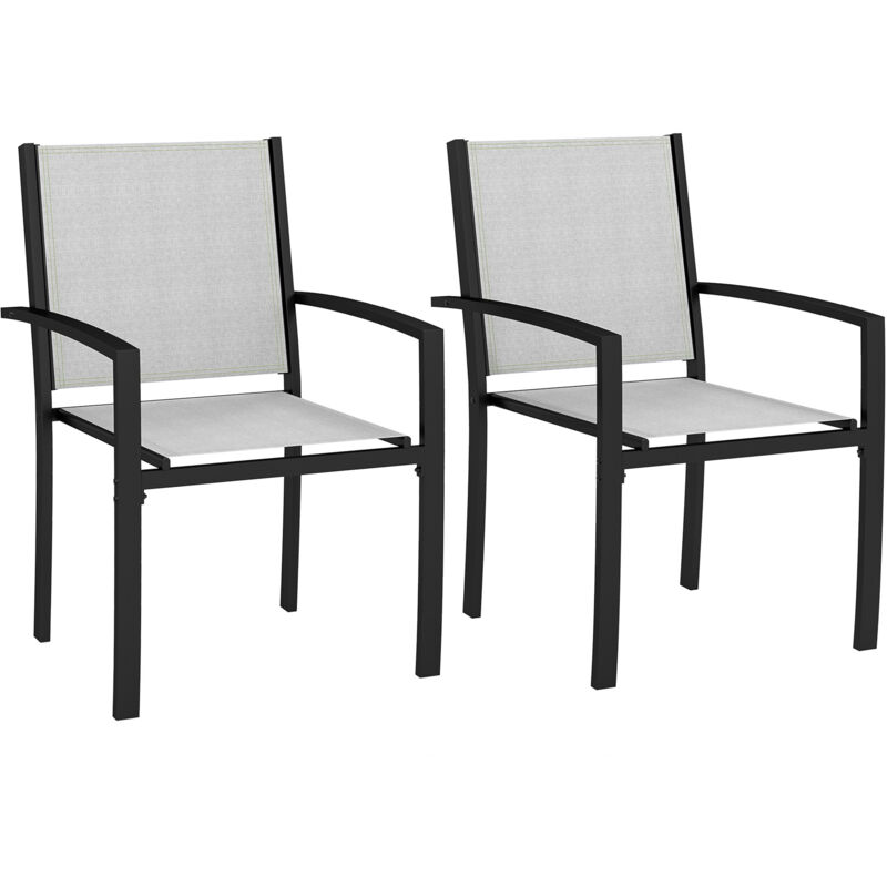 Outsunny - Lot de 2 chaises de jardin empilables avec accoudoirs acier noir textilène gris clair