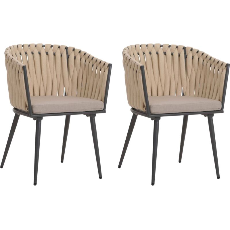Lot de 2 chaises de jardin en aluminium HHG 418, chaise d'extérieur avec accoudoirs, olefin corde tressée Rope, crème Coussin marron clair