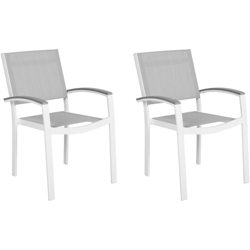 Lot 2 Chaises de Jardin avec Accoudoirs en Aluminium Blanc et Textile Gris Matières Résistantes pour Terrasse au Style Moderne Beliani
