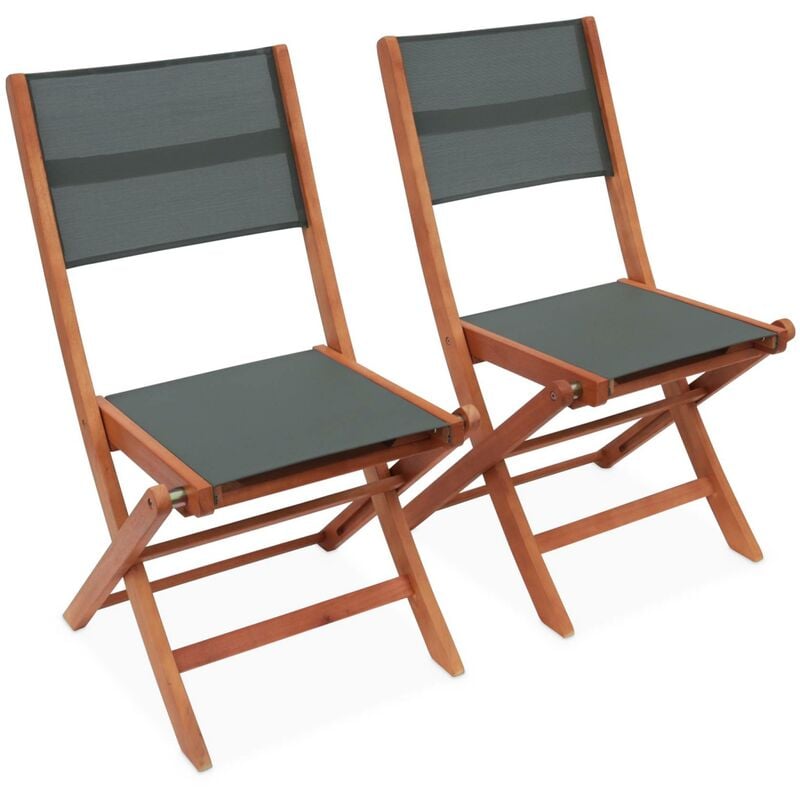 Lot de 2 chaises de jardin en bois Almeria. 2 chaises pliantes Eucalyptus huilé et textilène Kaki / Kaki