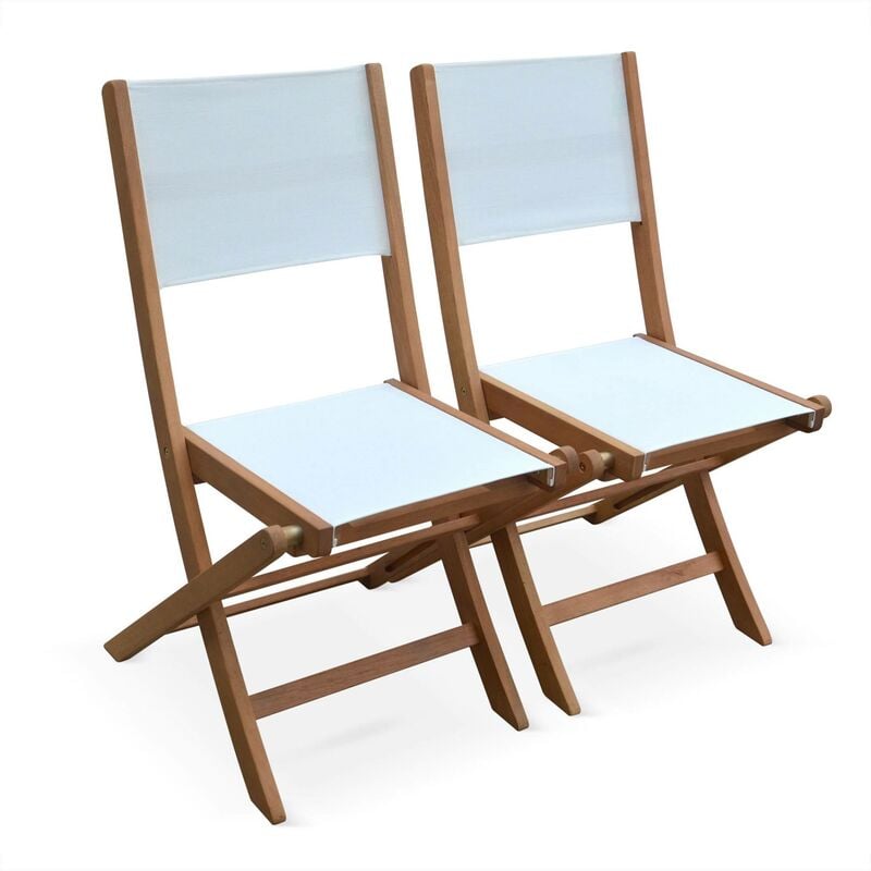 Lot de 2 chaises de jardin en bois Almeria. 2 chaises pliantes Eucalyptus fsc huilé et textilène Blanc / Blanc - Blanc