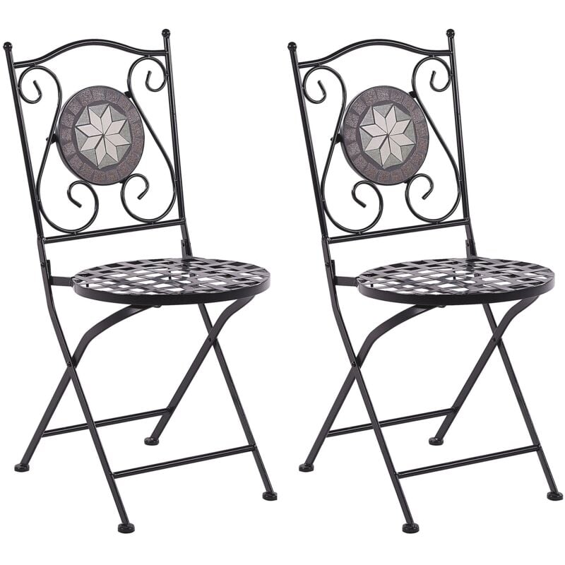 Set de 2 Chaises Pliantes d'Extérieur en Métal Noir Style Vintage Décoration Mosaïque Cariati