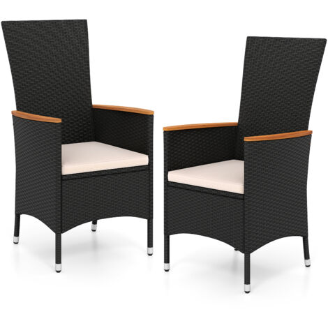 Lot de 2 Chaises de Jardin en Rotin, Fauteuil de Jardin, avec Coussin, Accoudoir, Coussinet de Pied Réglable, pour Patio, Balcon, Cours