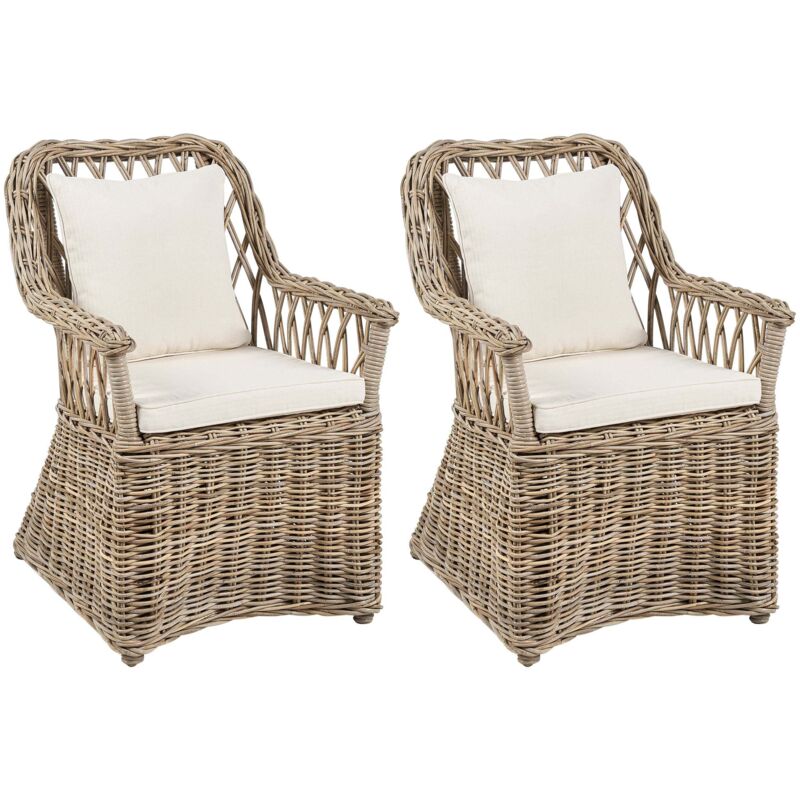 Lot de 2 Chaises de Jardin en Rotin Naturel Intérieur Extérieur Coussins Beige Clair Maros II