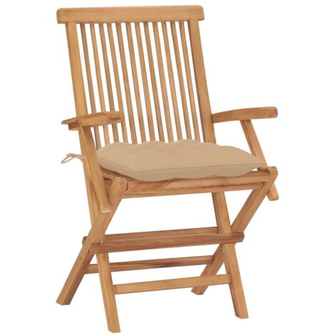 Lot de 2 Chaises de jardin et de camping avec coussins beige, Chaise de relaxation, Bois de teck massif OIB6422E