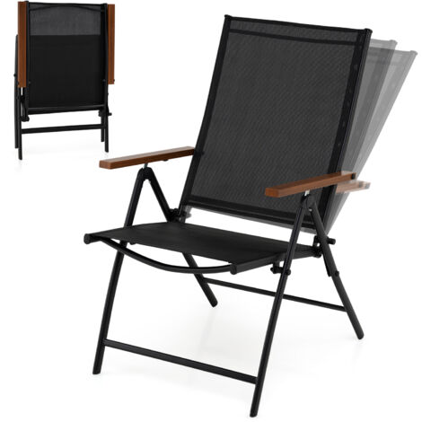 Lot de 2 Chaises de Jardin Extérieures, Chaise Pliante avec Dossier Ajustable à 5 Positions, Accoudoirs, Cadre en Métal, pour Jardin, Balcon, Noir