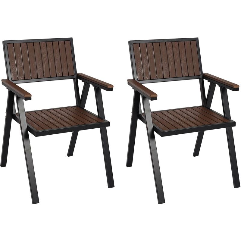 Lot de 2 chaises de jardin HHG 857, revêtement extérieur, aluminium aspect bois châssis noir, marron foncé - brown