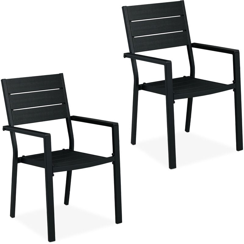 Relaxdays - Lot de 2 chaises de jardin, HxLxP: 90 x 53,5 x 59 cm, accoudoirs, métal, mobilier d'extérieur moderne, noir