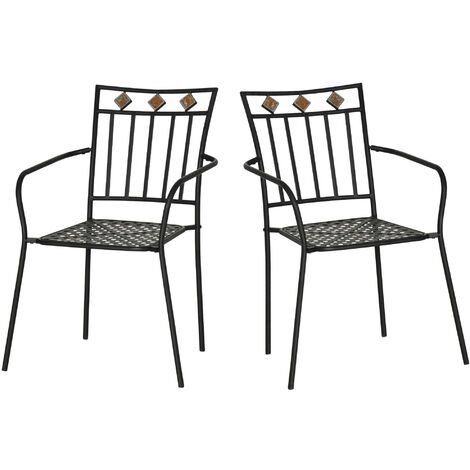 Lot de 2 chaises de jardin métal époxy style fer forgé avec mosaïque - accoudoirs - noir
