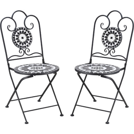 Lot de 2 chaises de jardin pliables style fer forgé mosaïque céramique motif rose des vents métal époxy noir blanc - Noir