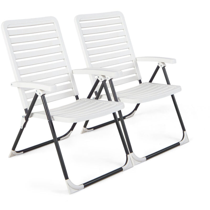 Lot de 2 chaises de jardin pliantes avec dossier réglable à 7 niveaux fauteuil d'extérieur pour plage piscine et terrasse blanc - Blanc