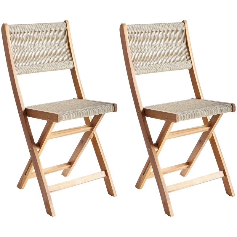 Lot de 2 Chaises de Jardin Pliantes en Bois d'Acacia avec Dossier en Corde Beige Prossedi