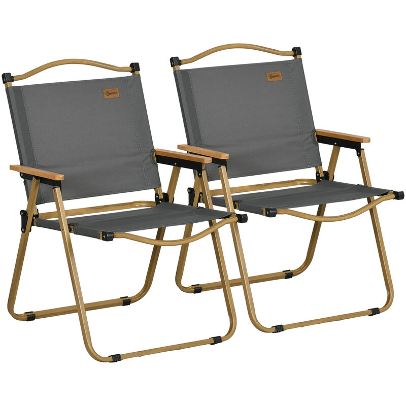 Lot de 2 chaises de plage camping pliantes - poignée - structure acier aspect bois oxford gris - Gris