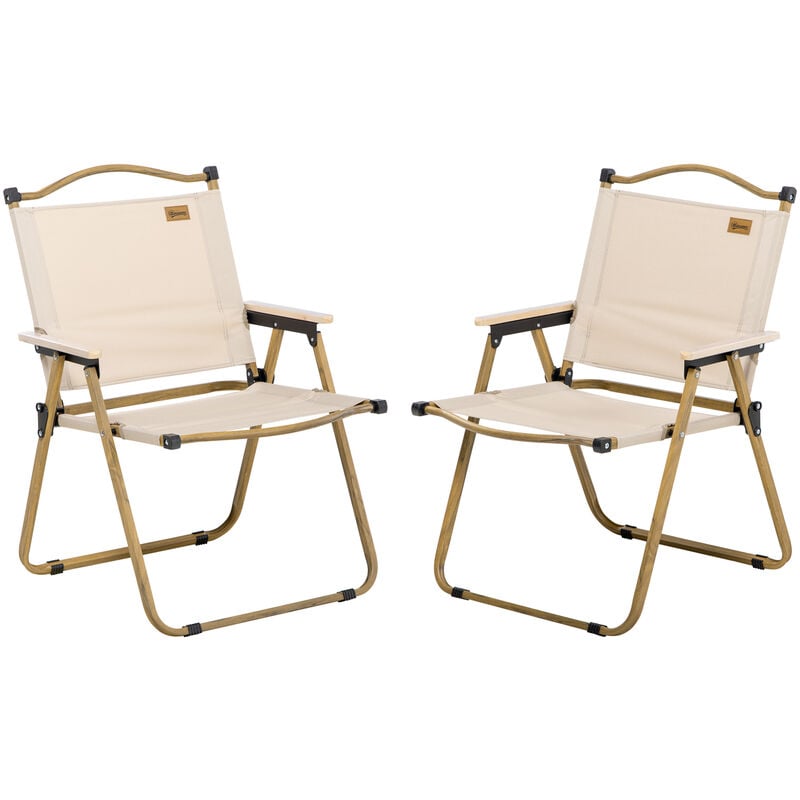 Lot de 2 chaises de plage camping pliantes - poignée - structure acier aspect bois oxford beige