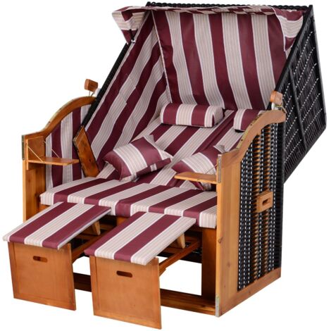Lot de 2 chaises de plage Ostsee, transat double en pin, dossier réglable 5 positions, avec repose-pieds et tablettes latérales, rotin PE rouge et blanc, pour balcon et terrasse