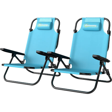 Lot de 2 Chaises de Plage Pliables 5 Positions avec Dossier, Appui-tête et Accoudoirs, 63x75x80cm, Bleu Clair