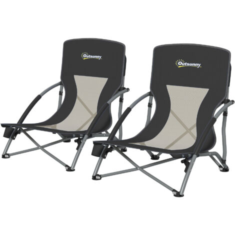 Lot de 2 chaises de plage pliantes, fauteuils camping légers avec sac de transport et porte-gobelet, 58x55x62 cm, noir