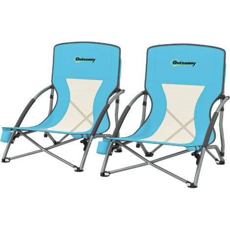 Lot de 2 chaises de plage pliantes, sièges de camping légers avec sac de transport et porte-gobelet, 58x55x62 cm, bleu