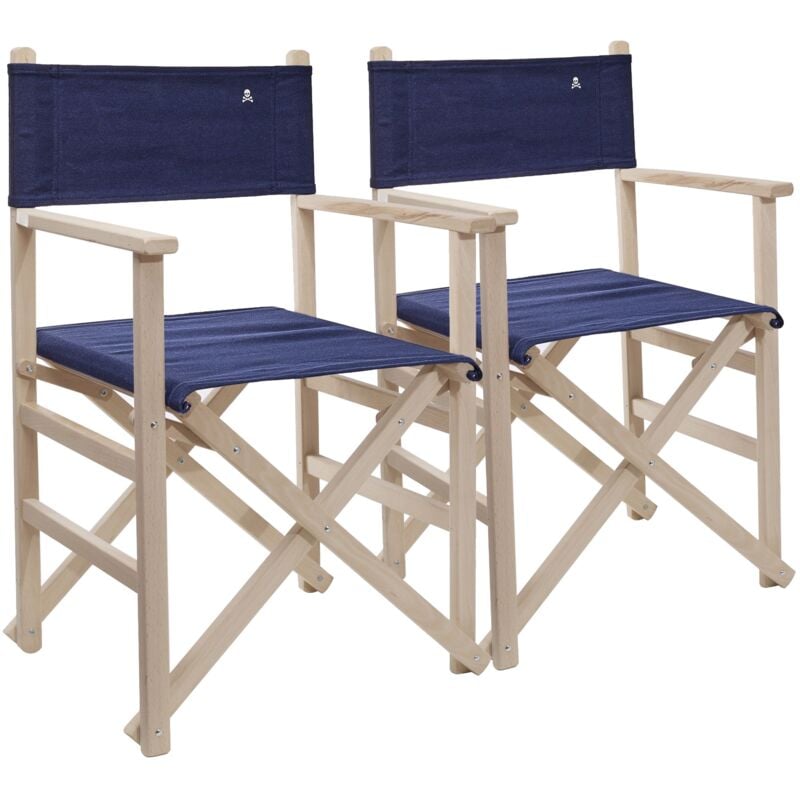 Lot de 2 chaises de réalisateur pliantes, structure non vernie et toile bleu foncé, en bois de hêtre de première qualité Scalpers