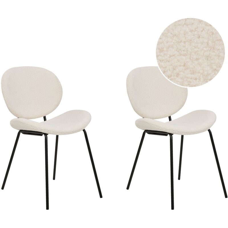 Beliani - Lot de 2 Chaises de Repas Design Rétro Sans Accoudoirs pour Salle à Manger en Tissu Bouclé Blanc Pieds Noirs Luana
