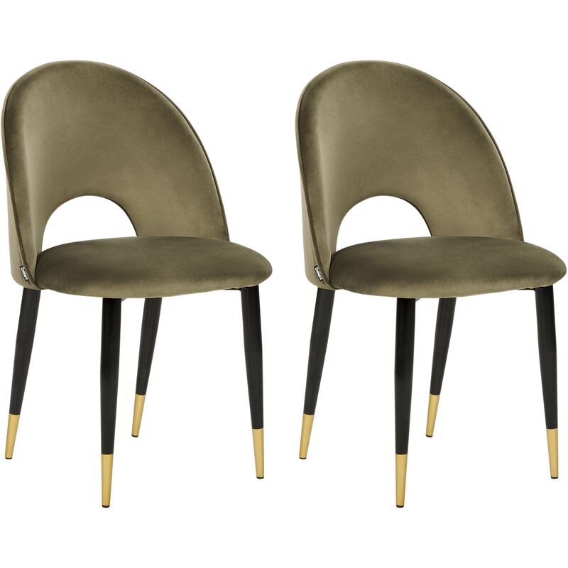 lot de 2 chaises de repas rétro glamour en velours vert olive et pieds en métal noir magalia - noir