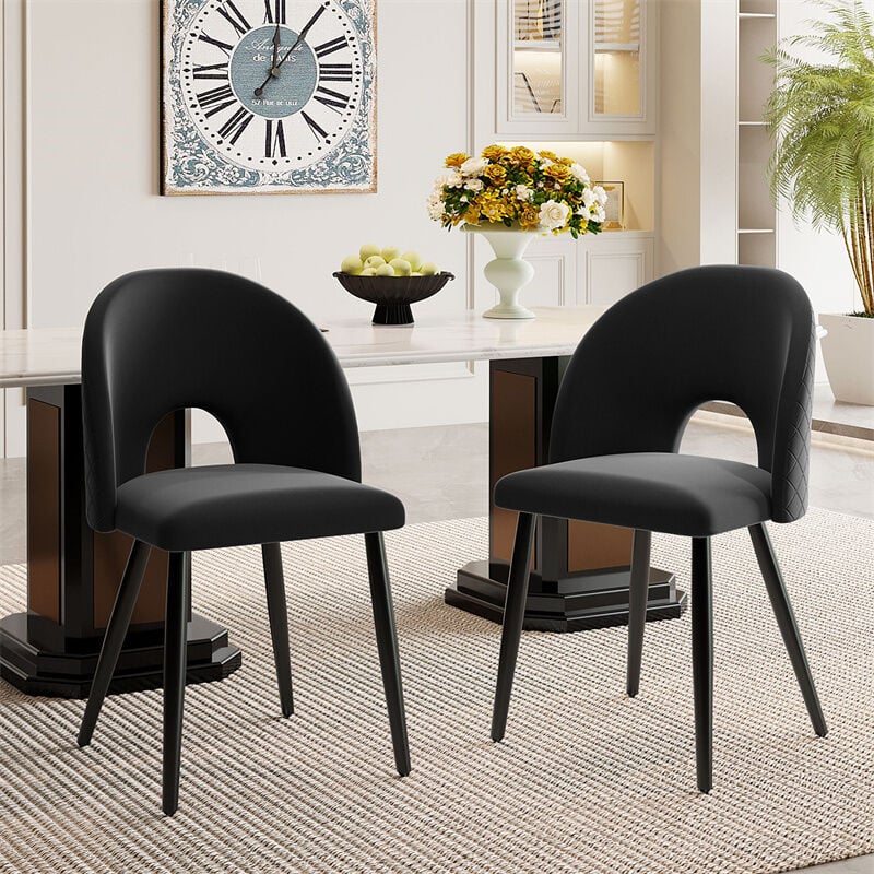 Fortuna Lai - Lot de 2 chaises de salle à manger, assise en velours, tructure en métal, pieds réglables, motif losange au dos, noir
