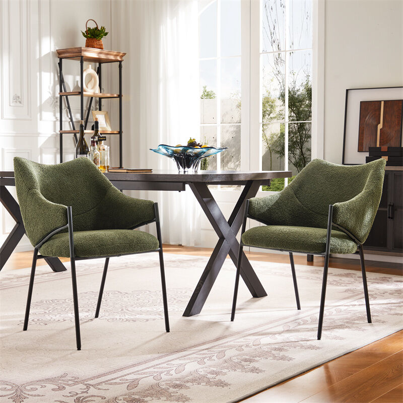 Fortuna Lai - Lot de 2 chaises de salle à manger, avec accoudoirs, tissu en peluche d'agneau, coussin de siège épais, 52.5x48x83.7cm vert