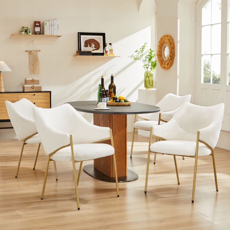 Lot de 4 chaises de salle à manger avec accoudoirs, tissu en peluche d'agneau, coussin de siège épais, beige