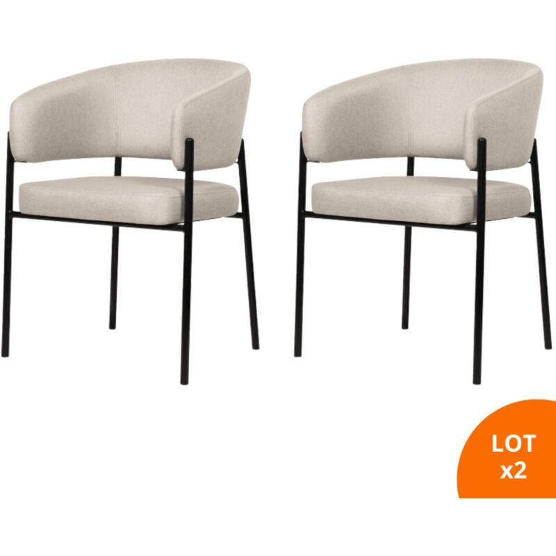 Secury-t - Lot de 2 chaises de salle à manger avec accoudoirs tissus beige - pieds en métal noir - lou