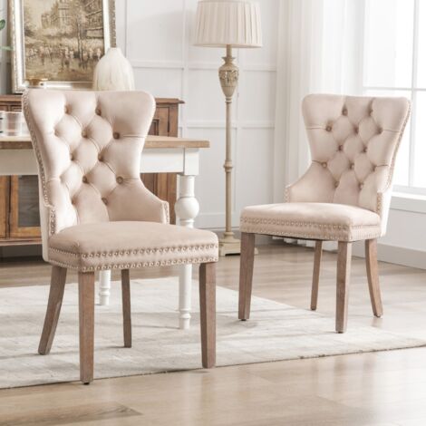 EIFSON Lot de 2 chaises de salle à manger, avec décor clouté, construction en bois massif, velours, chaise de salle à manger moderne rembourrée – Beige