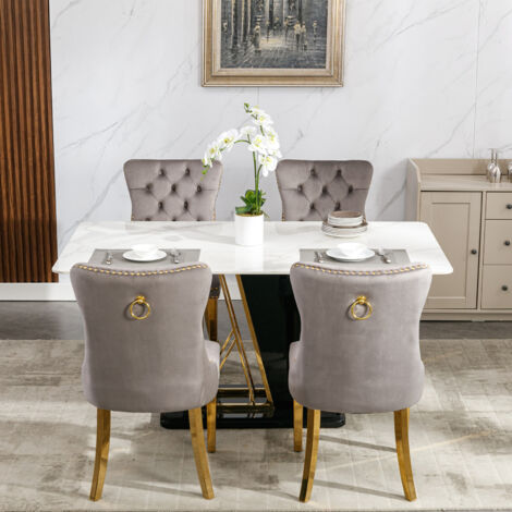 Lot de 2 chaises de salle à manger avec dossier rembourré, en velours, pieds en bois doré, gris