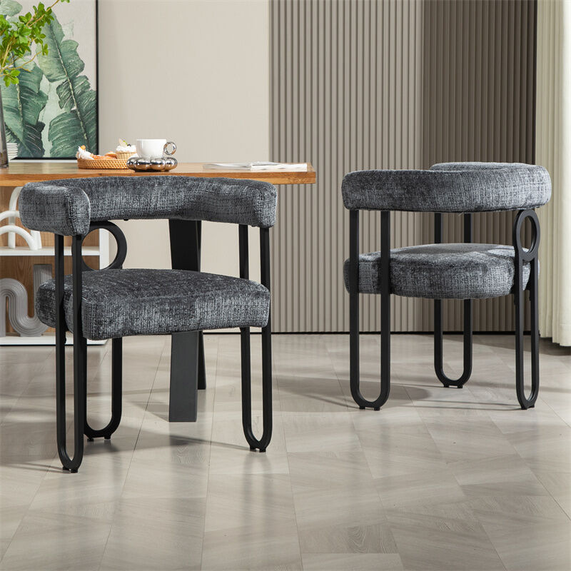 Lot de 2 chaises de salle à manger, avec dossier rond, pour salle à manger, salon, chambre à coucher, bureau, en chenille Gris