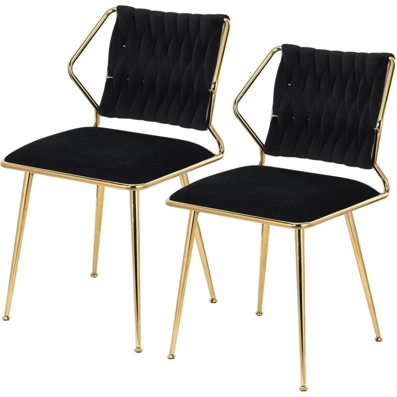 Eifson - Lot de 2 Chaises salle a manger, avec dossier tressé, pieds dorés, tissu velours, adaptées pour bar, salon, restaurant ou café - Noir