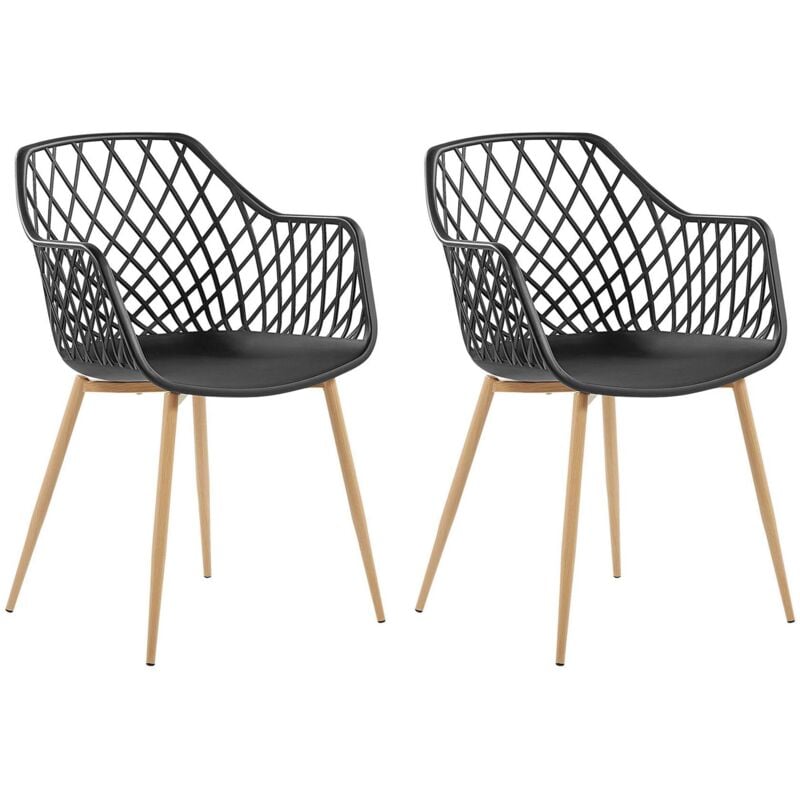 Beliani - Lot de 2 Chaises Design avec Assise en Plastique Noir et Pieds en Métal Effet Bois Clair pour Salle à Manger Salon ou Cuisine Scandinave