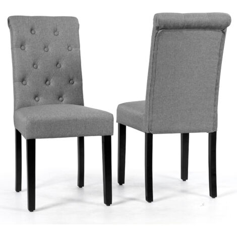 Lot de 2 Chaises de Salle à Manger, Capitonnées en Tissu avec Pieds en Bois de Caoutchouc, Éponge à Haute Densité, Dossier Confortable, Gris