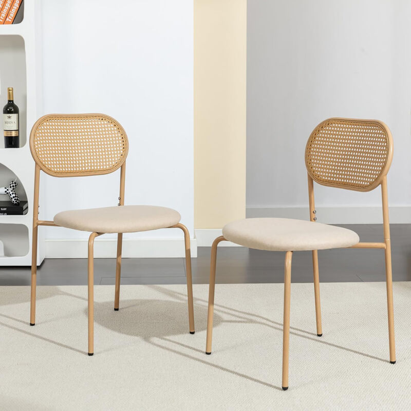 Lot de 2 chaises de salle à manger, chaise de salle à manger en rotin, chaise de salle à manger vintage, rotin et tissu cerceau beige, pieds en métal