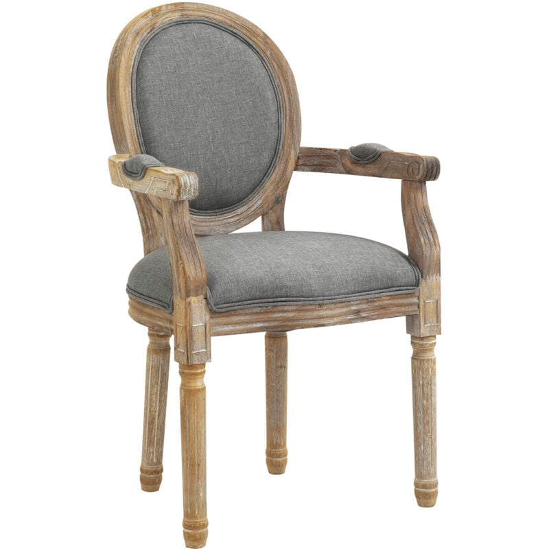 Homcom - Chaise de salle à manger chaise de salon médaillon style Louis xvi bois massif patiné sculpté tissu lin gris