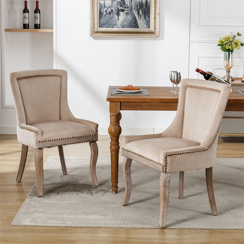 Lot de 2 Chaises de salle à manger - chaise avec garniture en tête de clou, pieds en bois massif, en velours - 91x61x55cm beige