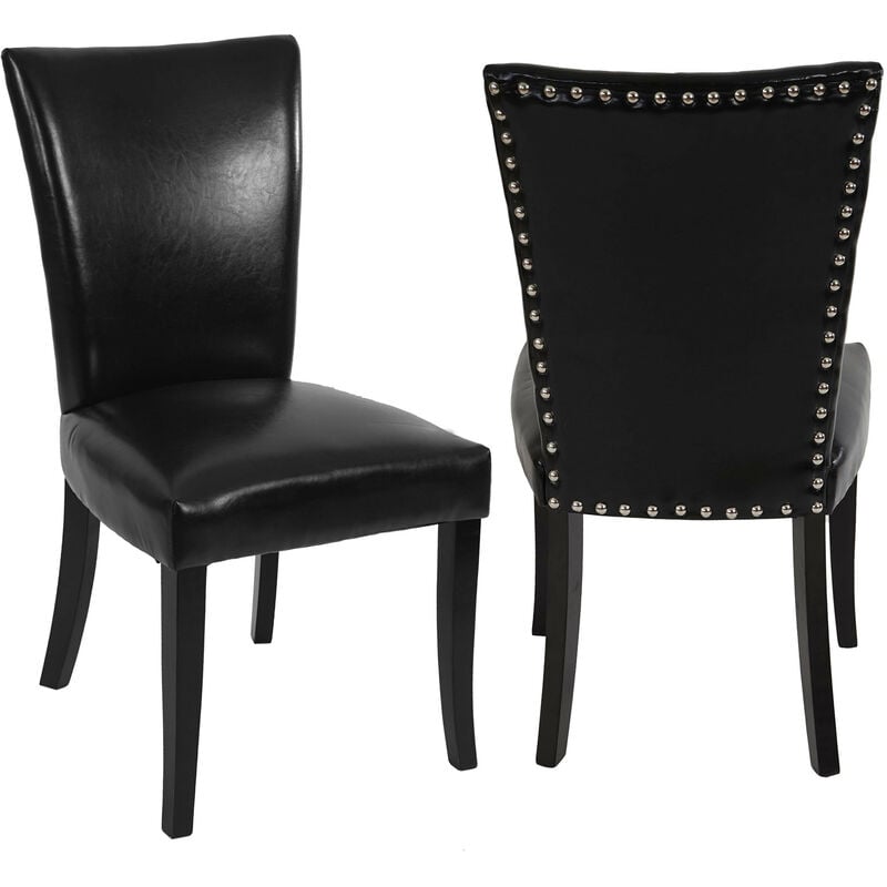 Mendler - Lot de 2 chaises de salle à manger Chesterfield av rivets - similicuir noir, pieds foncés