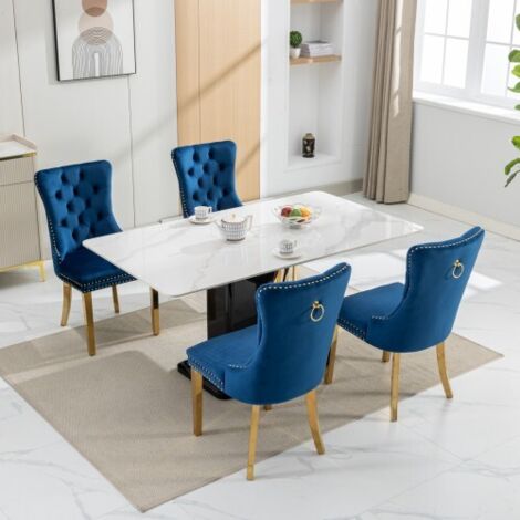 Lot de 2 Chaises de Salle à Manger Collection Moderne Haut de Gamme en Bois Massif Capitonné Velours, Pieds Acier Inoxydable Doré Garniture Cloutée, Style Contemporain Couleur Bleue