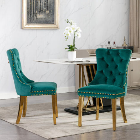 Lot de 2 Chaises de Salle à Manger Collection Moderne Haut de Gamme en Bois Massif Capitonné Velours, Pieds Acier Inoxydable Doré Garniture Cloutée, Style Contemporain Élégant Couleur Verte
