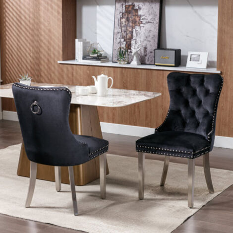 Lot de 2 Chaises de Salle à Manger Collection Nikki Haut de Gamme en Bois Massif Capitonné Velours, Pieds Acier Inoxydable Chromé Garniture Cloutée, Design Contemporain Luxueux Noir et Chromé
