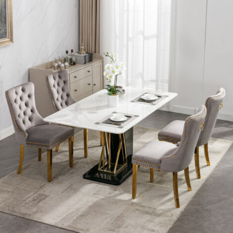 Lot de 2 Chaises de Salle à Manger Collection Nikki Haut de Gamme en Bois Massif Capitonné Velours, Pieds Acier Inoxydable Doré Garniture Cloutée, Style Contemporain Élégant Gris et Or
