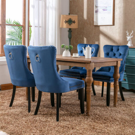Lot de 2 Chaises de Salle à Manger Collection Nikki Haut de Gamme en Bois Massif Capitonné Velours, Pieds en Bois Garniture Cloutée, Design Moderne Luxueux Couleur Bleue
