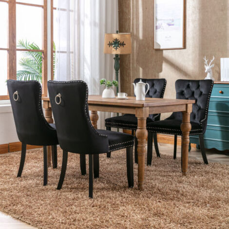 Lot de 2 Chaises de Salle à Manger Collection Nikki Haut de Gamme en Bois Massif Capitonné Velours, Pieds en Bois Garniture Cloutée, Design Moderne Luxueux Couleur Noire