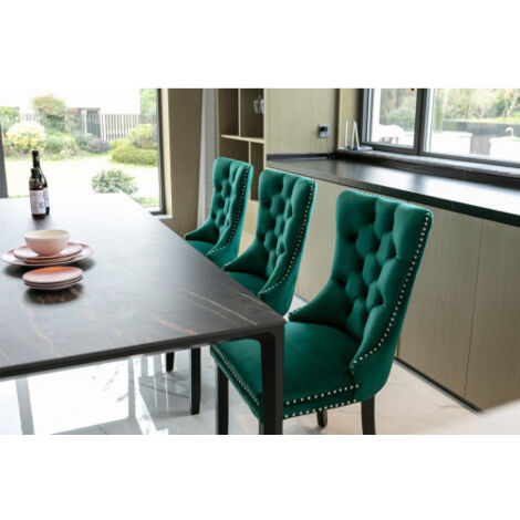 Lot de 2 Chaises de Salle à Manger Collection Nikki Haut de Gamme en Bois Massif Capitonné Velours, Pieds en Bois Garniture Cloutée, Style Frais Élégant Couleur Verte