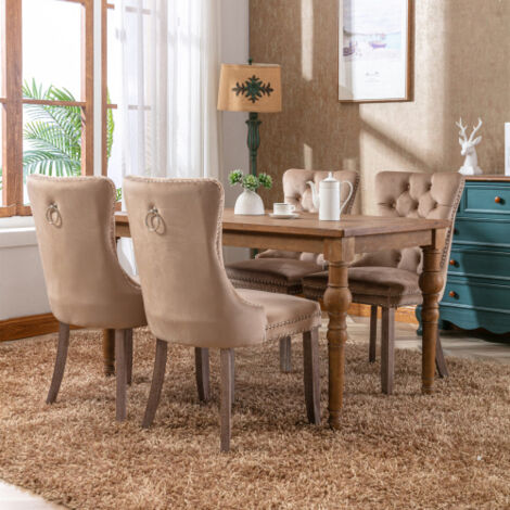 Lot de 2 Chaises de Salle à Manger Collection Nikki Haut de Gamme en Bois Massif Capitonné Velours, Pieds en Bois Garniture Cloutée, Style Moderne Naturel Couleur Kaki