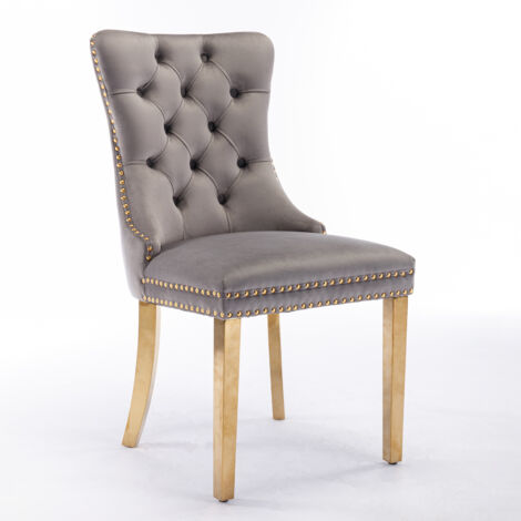 Lot de 2 Chaises de Salle à Manger Contemporaines, Velours Capitôné Haut de Gamme, Structure en Bois Massif, Pieds Finition Acier Doré, Décoration Cloutée, Style Moderne Gris et Or
