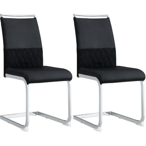 Lot de 2 chaises de salle à manger design avec dossier en simili cuir PU et lin - Dossier haut rembourré, design croisé -  noir