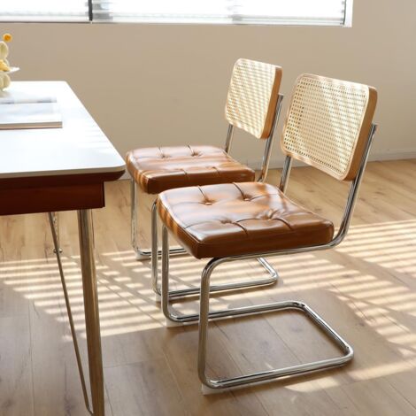Lot de 2 chaises de salle à manger design cantilever, empilables, structure acier chromé, assise simili cuir marron